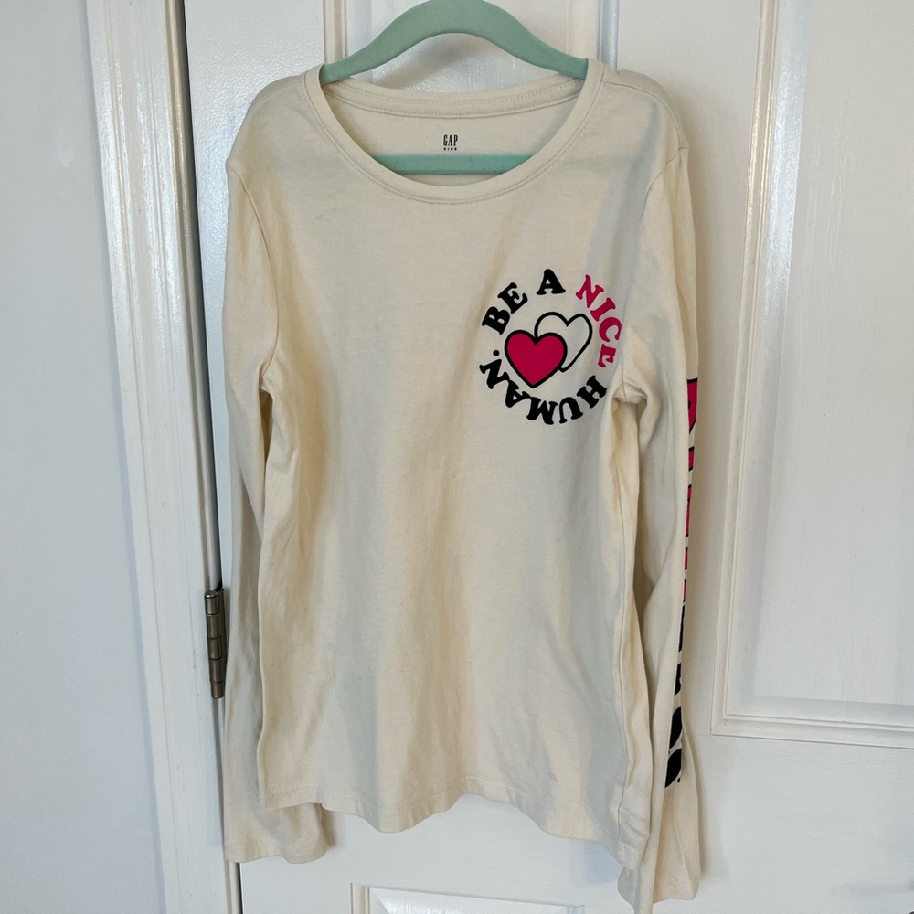 Gap Kids Long Sleeve Cream Pink and Black "Be A Nice Human" Shirt (Size XL)
